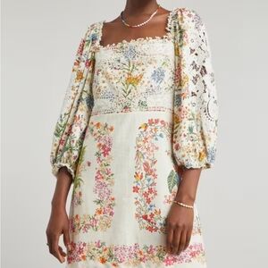 Farm Rio Delicate Forest Scarves Billowy-Sleeved Linen Printed Dress